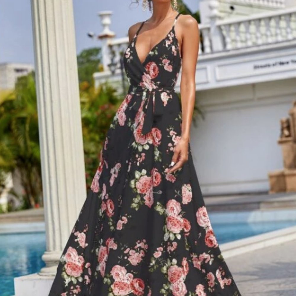 SHEIN Floral Belted Maxi Dress